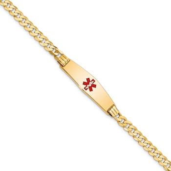 14k Yellow Gold Medical Soft Diamond Shape Red Enamel Curb Link ID Bracelet