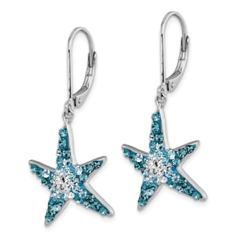 Rhodium Over Sterling Silver Polished Crystal Starfish Leverback Earrings