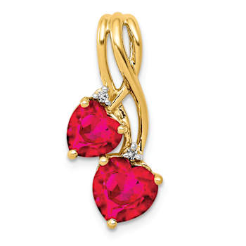 14K Two-tone Gold  Lab Created Ruby and Diamond Double Heart Pendant
