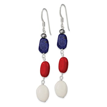 Sterling Silver Polished Red Coral, Crystal, White Jadeite, Lapis Dangle Earrings