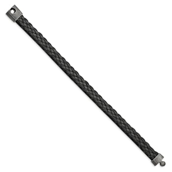 Black Braided Leather and Stainless Steel Antiqued 8.25-inch Bracelet