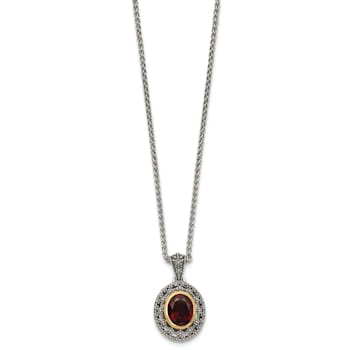 Sterling Silver Antiqued with 14K Accent Garnet Oval Necklace