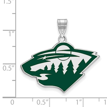 Rhodium Over Sterling Silver NHL LogoArt Minnesota Wild Large Enamel Pendant