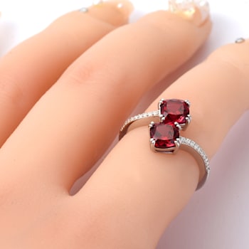 Red Lab Created Ruby and Moissanite Rhodium Over Sterling Silver Bypass Ring
