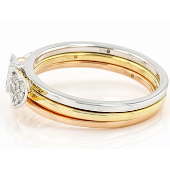 White Diamond Rhodium And 14K Yellow And Rose Gold Over Sterling Silver
Stackable Rings 0.15ctw