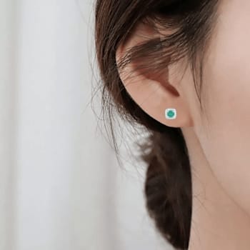 Green Emerald with Moissanite Sterling Silver Halo Stud Earrings