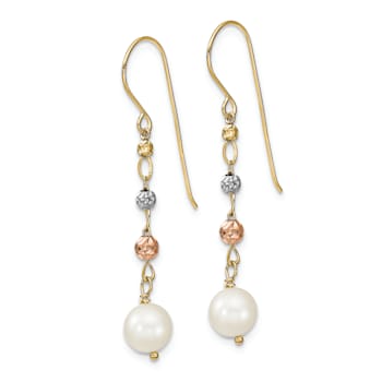 14K Tri-color Diamond-cut Freshwater Cultured Pearls Dangle Earrings