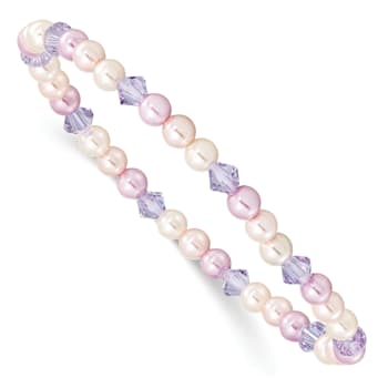 Children's Pink, Purple and White 4mm Shell Bead and Crystal Stretch Bracelet