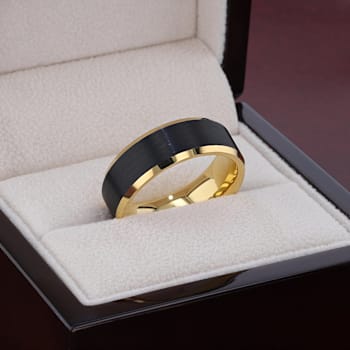 GASTON Gold Plated Tungsten Polished Beveled Ring with Brushed Black
Center 6mm