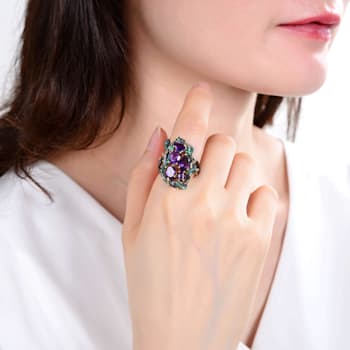 Amethyst and Green Nanocrystal Black Rhodium Over Sterling Silver Ring