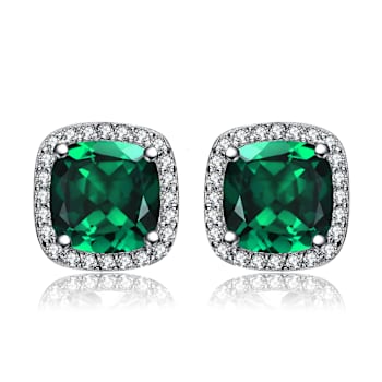 Emerald Color CZ Halo Stud Earrings In Sterling Silver