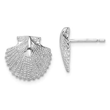 Rhodium Over Sterling Silver Polished Scallop Shell Post Earrings