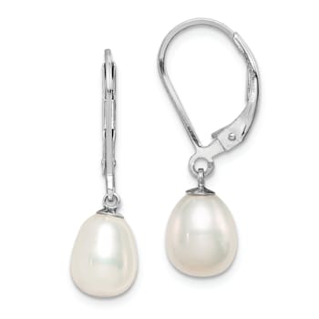 Rhodium Over Sterling Silver 7-8mm White Freshwater Cultured Pearl
Leverback Earrings