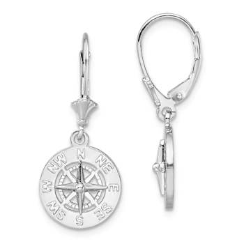 Rhodium Over Sterling Silver Polished Mini Compass Leverback Earrings