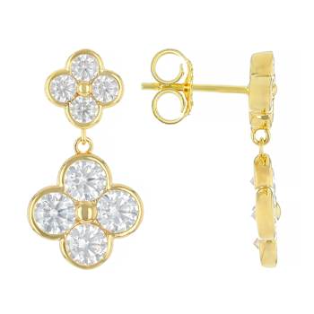 Moissanite Clover Drop Earrings In 14K Gold Over Sterling Silver