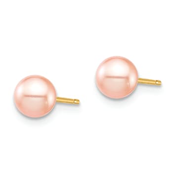 14K Yellow Gold 5-6mm Pink Round Freshwater Cultured Pearl Stud Post Earrings