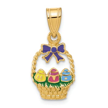14k Yellow Gold Textured Multi-enameled Easter Basket with Bow and Eggs Charm