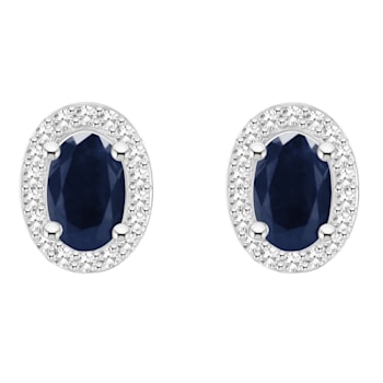 6x4mm Oval Sapphire 1/6 ctw Diamond Rhodium Over Sterling Silver Halo
Stud Earrings