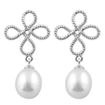 7½-8mm White Cultured Freshwater Pearl Rhodium Over Sterling Silver Earrings
