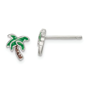Rhodium Over Sterling Silver Enameled Palm Tree Post Earrings