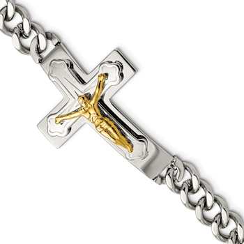 Stainless Steel Polished Yellow IP-plated Crucifix Bracelet