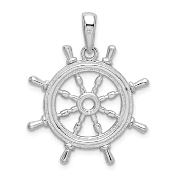 Rhodium Over Sterling Silver Polished Cut-out 3D Ships Wheel Pendant