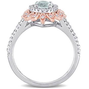 Aquamarine and Diamond 10K White and Rose Gold Shank Ring 0.93ctw