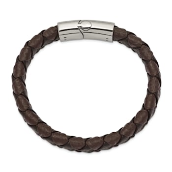 Black and Brown Leather and Stainless Steel Polished 8-in Bracelet