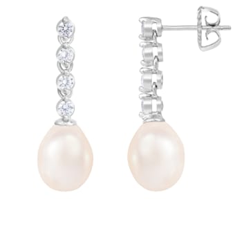 7-8mm White Cultured Freshwater Pearl and Cubic Zirconia Rhodium Over
Sterling Silver Earrings