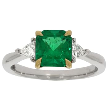 Green Emerald and White Diamond Platinum Ring. 1.84 CTW