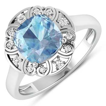Blue Aquamarine and White Diamond 14K White Gold Halo Ring 1.57 ctw