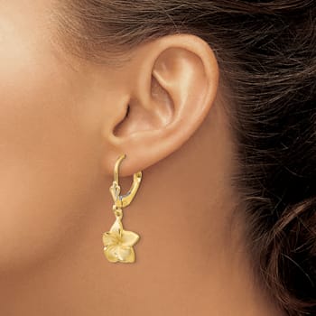 14k Yellow Gold Satin and Diamond-Cut Plumeria Dangle Earrings