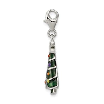 Rhodium Over Sterling Silver CZ and Enameled Christmas Tree Charm