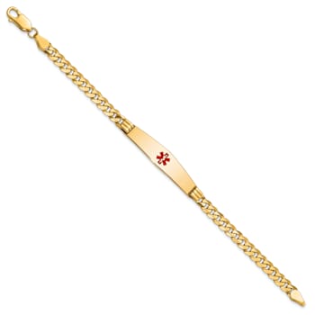 14k Yellow Gold Medical Soft Diamond Shape Red Enamel Curb Link ID Bracelet
