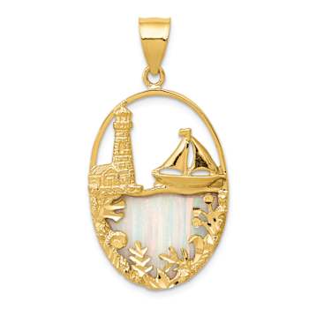 14k Yellow Gold Textured Lab Created Opal Lighthouse Sailboat in Oval Pendant
