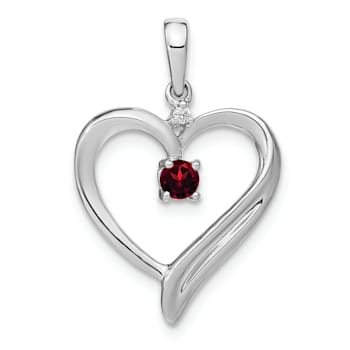 Rhodium Over 14k White Gold Garnet and Diamond Heart Pendant