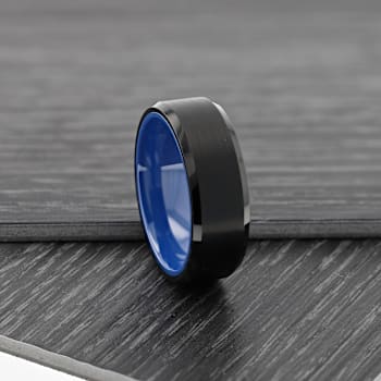 RIGEL Flat Beveled Edges Black Tungsten Ring with Brushed Center and
Vibrant Blue Ceramic Inside 8mm
