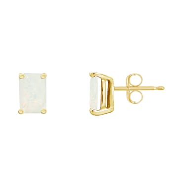 6x4mm Emerald Cut Opal 14k Yellow Gold Stud Earrings