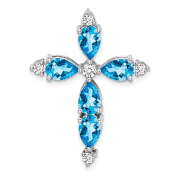 Rhodium Over 14k White Gold Blue Topaz and Diamond Cross Chain Slide