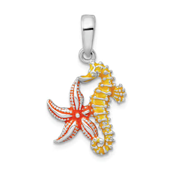 Rhodium Over Sterling Silver Enameled Starfish and Seahorse Pendant