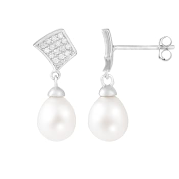 7½-8mm White Cultured Freshwater Pearl and Cubic Zirconia Rhodium Over
Sterling Silver Earrings