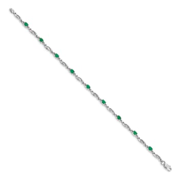Rhodium Over 10k White Gold Diamond and Green Emerald Bracelet