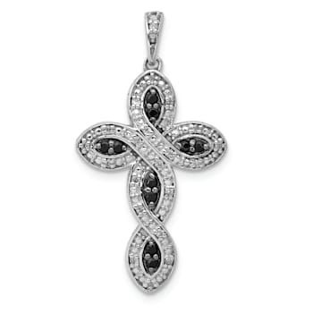 Rhodium Over 14K White Gold White and Black Diamond Cross Pendant