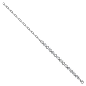Rhodium Over Sterling Silver Fancy Cubic Zirconia and Paperclip Link Bracelet