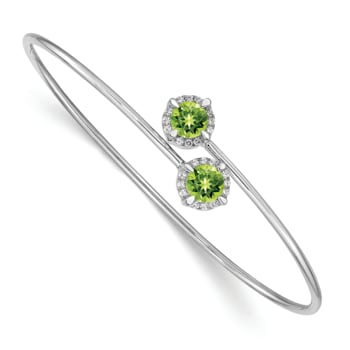 Rhodium Over 14k White Gold Peridot and Diamond Flexible Bangle