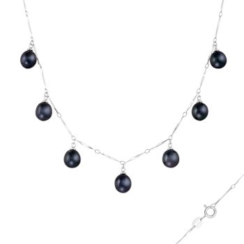 7-8mm Black Cultured Freshwater Pearl Rhodium Over Sterling Silver Necklace