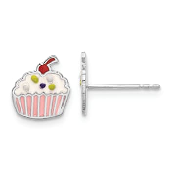 Rhodium Over Sterling Silver Enamel Cupcake Children's Post Earrings