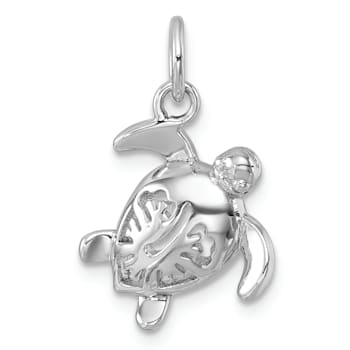 Rhodium Over Sterling Silver Tiny Turtle with Flower Back Pendant