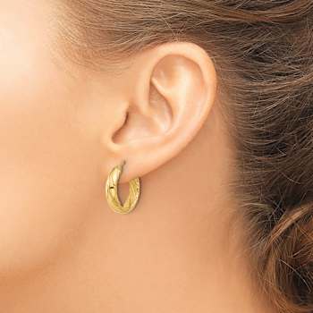 14k Yellow Gold Polished and Textured 13/16" Hoop Earrings