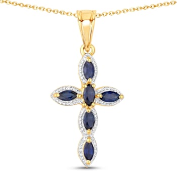 Blue Sapphire 18K Yellow Gold Over Sterling Silver Cross Pendant With Chain